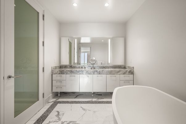 Bathroom, Dual Sink Vanities, Free Standing Baths, Glass Shower, Interior, Marble, Recessed Lighting