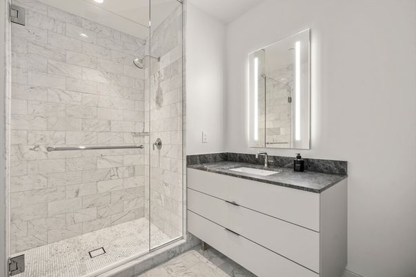 Bathroom, Glass Shower, Interior, Marble, Marble Walls, Recessed Lighting