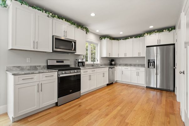 Interior, Kitchen, Recessed Lighting, Stainless Steel Appliances, Wood Texture Flooring