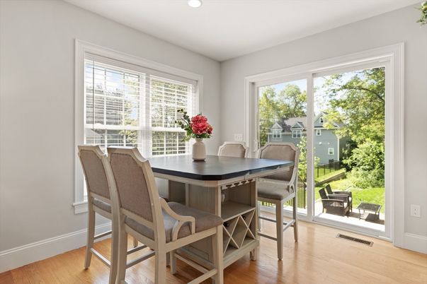 Dining room, Interior, Recessed Lighting, Wood Texture Flooring