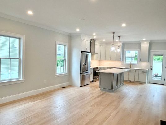 Interior, Kitchen, Pendant Lights, Recessed Lighting, Stainless Steel Appliances, Wood Texture Flooring