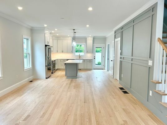 Interior, Kitchen, Pendant Lights, Recessed Lighting, Stainless Steel Appliances, Wood Texture Flooring