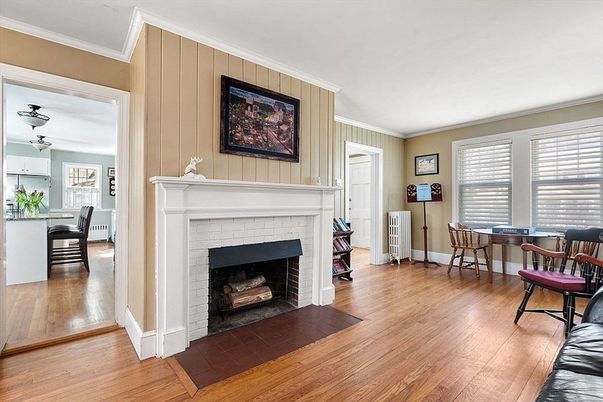 Dining room, Fireplace, Interior, Pendant Lights, Wood Texture Flooring
