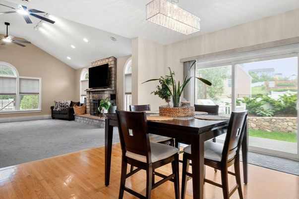 Chandelier, Dining room, Fireplace, Interior, Recessed Lighting, Wood Texture Flooring