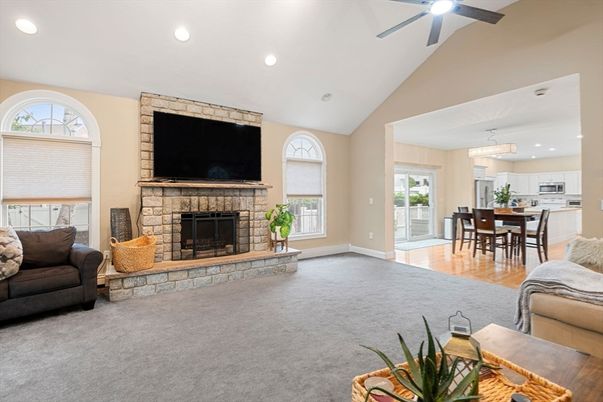 Chandelier, Dining room, Fireplace, Interior, Kitchen, Recessed Lighting, Wood Texture Flooring