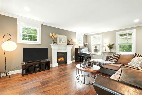 Fireplace, Interior, Living room, Piano, Recessed Lighting, Wood Texture Flooring