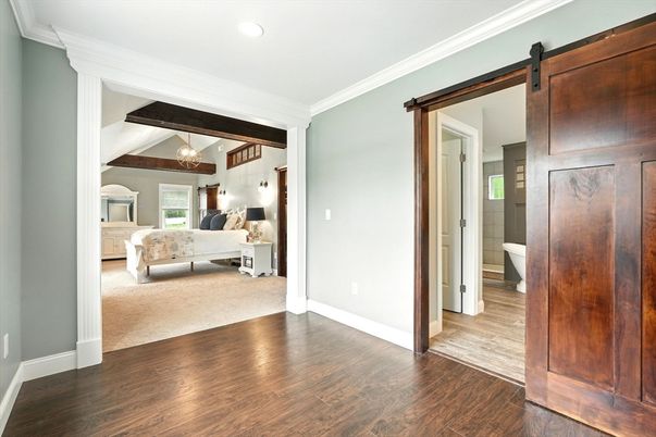 Bedroom, Chandelier, Interior, Recessed Lighting, Wood Texture Flooring