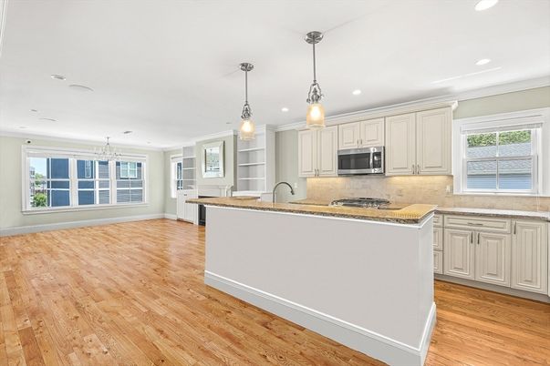 Empty room, Interior, Kitchen, Pendant Lights, Recessed Lighting, Wood Texture Flooring