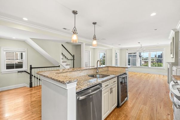 Interior, Kitchen, Pendant Lights, Recessed Lighting, Wood Texture Flooring