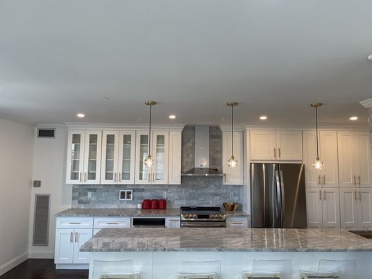 Fireplace, Interior, Kitchen, Pendant Lights, Recessed Lighting, Stainless Steel Appliances
