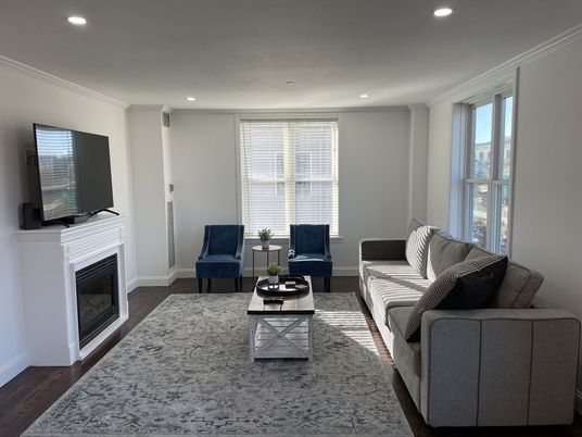 Fireplace, Interior, Living room, Recessed Lighting, Wood Texture Flooring