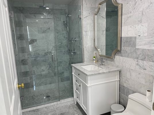 Bathroom, Glass Shower, Interior, Marble Walls