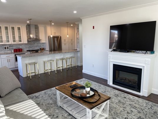 Fireplace, Interior, Kitchen, Pendant Lights, Recessed Lighting, Stainless Steel Appliances, Wood Texture Flooring
