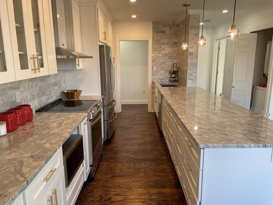 Interior, Kitchen, Pendant Lights, Recessed Lighting, Stainless Steel Appliances, Stone Walls, Wood Texture Flooring