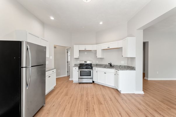 Interior, Kitchen, Recessed Lighting, Stainless Steel Appliances, Wood Texture Flooring