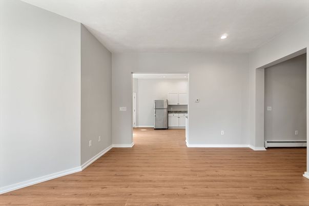 Empty room, Interior, Kitchen, Recessed Lighting, Wood Texture Flooring