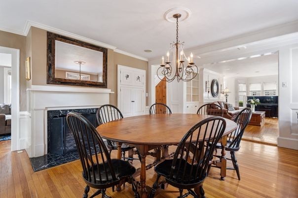 Chandelier, Dining room, Fireplace, Interior, Living room, Wood Texture Flooring