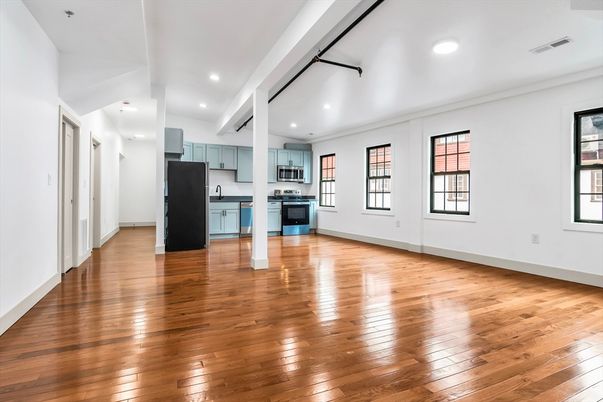 Empty room, Interior, Kitchen, Recessed Lighting, Wood Texture Flooring