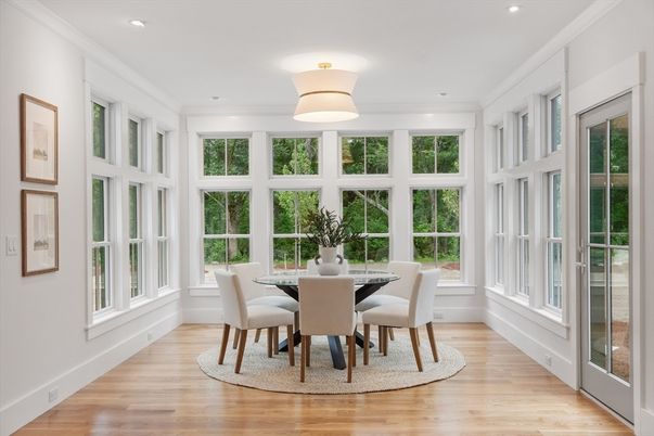 Dining room, Interior, Recessed Lighting, Wood Texture Flooring