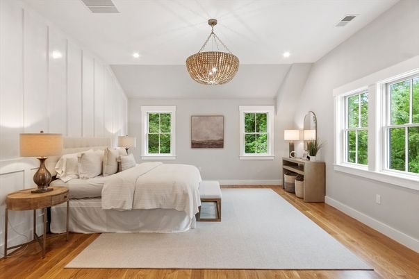 Bedroom, Chandelier, Interior, Recessed Lighting, Wood Texture Flooring