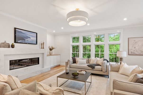 Fireplace, Interior, Living room, Pendant Lights, Recessed Lighting, Wood Texture Flooring