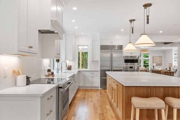 Interior, Kitchen, Pendant Lights, Recessed Lighting, Stainless Steel Appliances, Wood Texture Flooring