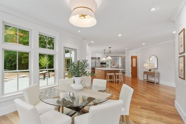 Dining room, Interior, Kitchen, Pendant Lights, Recessed Lighting, Wood Texture Flooring