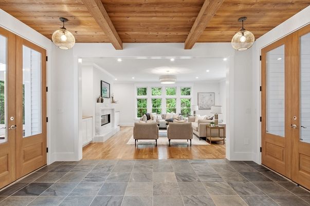 Dining room, Fireplace, Interior, Living room, Pendant Lights, Recessed Lighting, Wooden Beams, Wooden Ceilings, Wood Texture Flooring