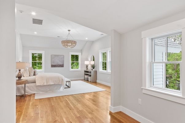 Bedroom, Chandelier, Interior, Recessed Lighting, Wood Texture Flooring