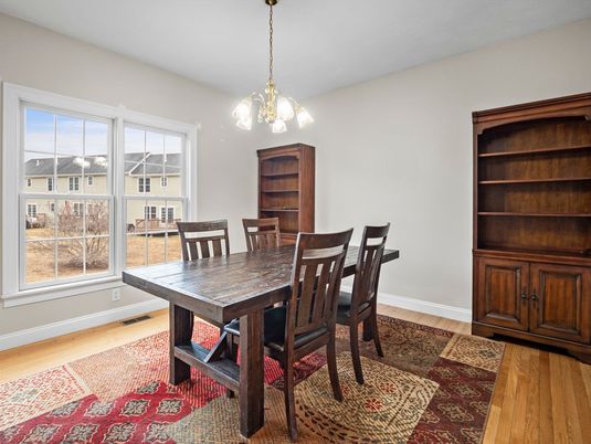 Dining room, Interior, Pendant Lights, Wood Texture Flooring