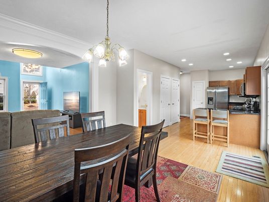 Dining room, Interior, Kitchen, Pendant Lights, Recessed Lighting, Stainless Steel Appliances, Wood Texture Flooring