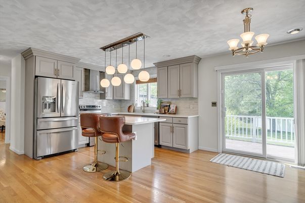 Chandelier, Interior, Kitchen, Pendant Lights, Stainless Steel Appliances, Wood Texture Flooring