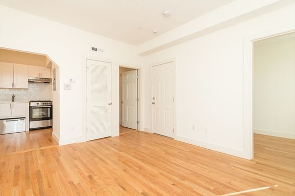 Empty room, Interior, Kitchen, Stainless Steel Appliances, Wood Texture Flooring