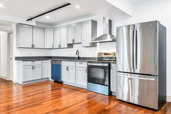 Interior, Kitchen, Recessed Lighting, Stainless Steel Appliances, Wood Texture Flooring