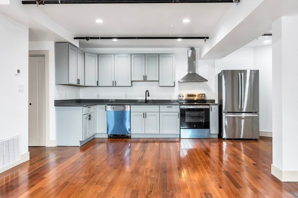 Interior, Kitchen, Recessed Lighting, Stainless Steel Appliances, Wood Texture Flooring