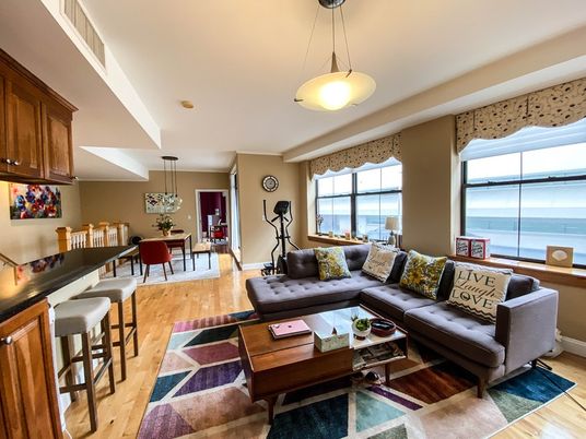 Dining room, Interior, Living room, Pendant Lights, Water, Wood Texture Flooring