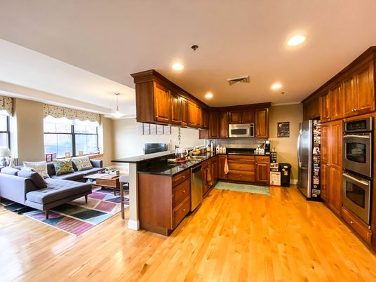 Interior, Kitchen, Living room, Pendant Lights, Recessed Lighting, Stainless Steel Appliances, Wood Texture Flooring