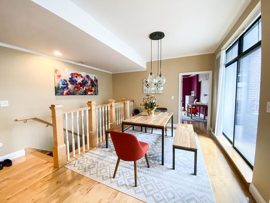 Dining room, Interior, Pendant Lights, Recessed Lighting, Wood Texture Flooring