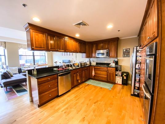 Dining room, Interior, Kitchen, Recessed Lighting, Stainless Steel Appliances, Wood Texture Flooring