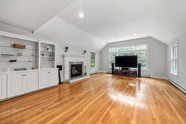 Empty room, Fireplace, Interior, Recessed Lighting, Wood Texture Flooring