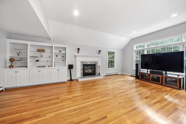 Empty room, Fireplace, Interior, Recessed Lighting, Wood Texture Flooring