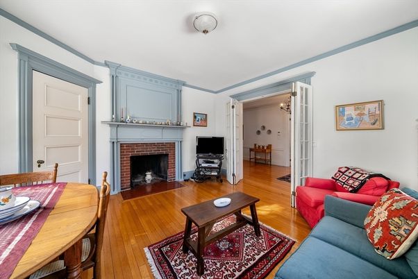 Dining room, Fireplace, Interior, Living room, Wood Texture Flooring