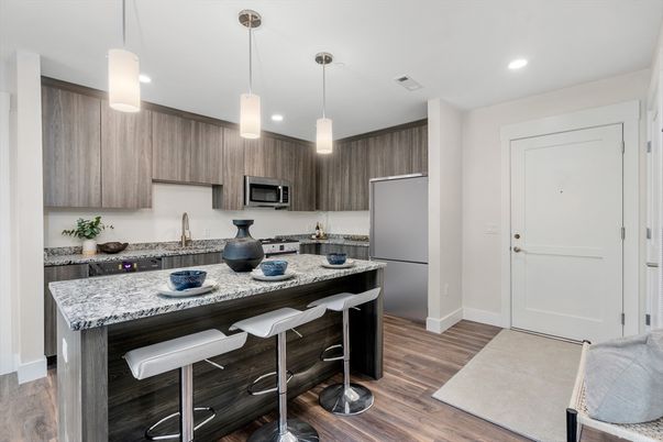 Interior, Kitchen, Pendant Lights, Recessed Lighting, Stainless Steel Appliances, Wood Texture Flooring