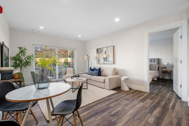 Bedroom, Dining room, Interior, Living room, Recessed Lighting, Wood Texture Flooring