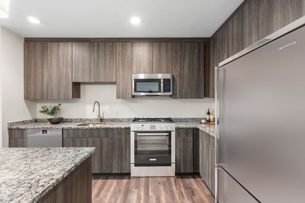 Interior, Kitchen, Recessed Lighting, Stainless Steel Appliances, Wood Texture Flooring