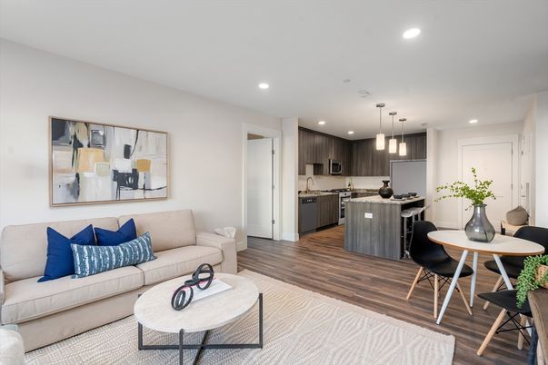 Dining room, Interior, Kitchen, Living room, Pendant Lights, Recessed Lighting, Stainless Steel Appliances, Wood Texture Flooring