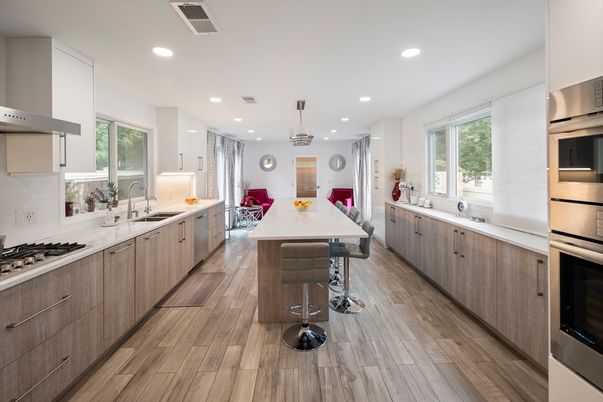 Interior, Kitchen, Pendant Lights, Recessed Lighting, Stainless Steel Appliances, Wood Texture Flooring