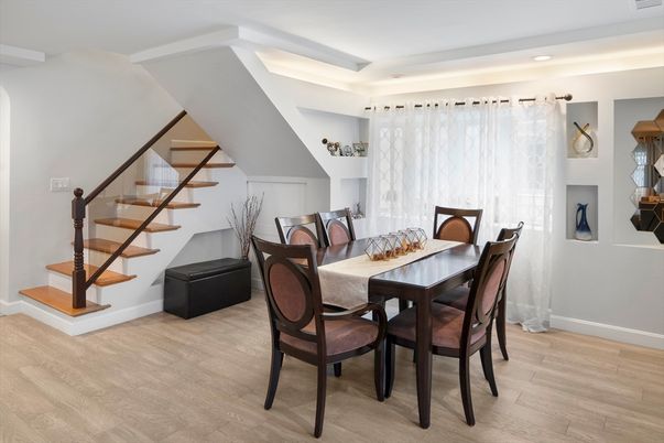 Dining room, Interior, Recessed Lighting, Wood Texture Flooring