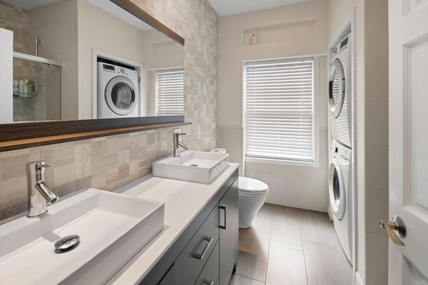 Bathroom, Dual Sink Vanities, Interior, Utility Closets, Washer, Wood Texture Flooring