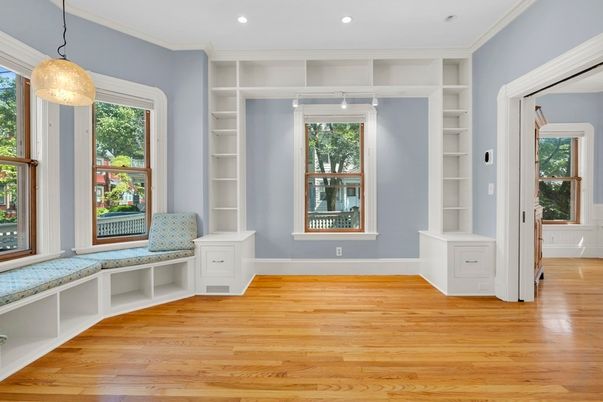 Empty room, Interior, Pendant Lights, Recessed Lighting, Wood Texture Flooring
